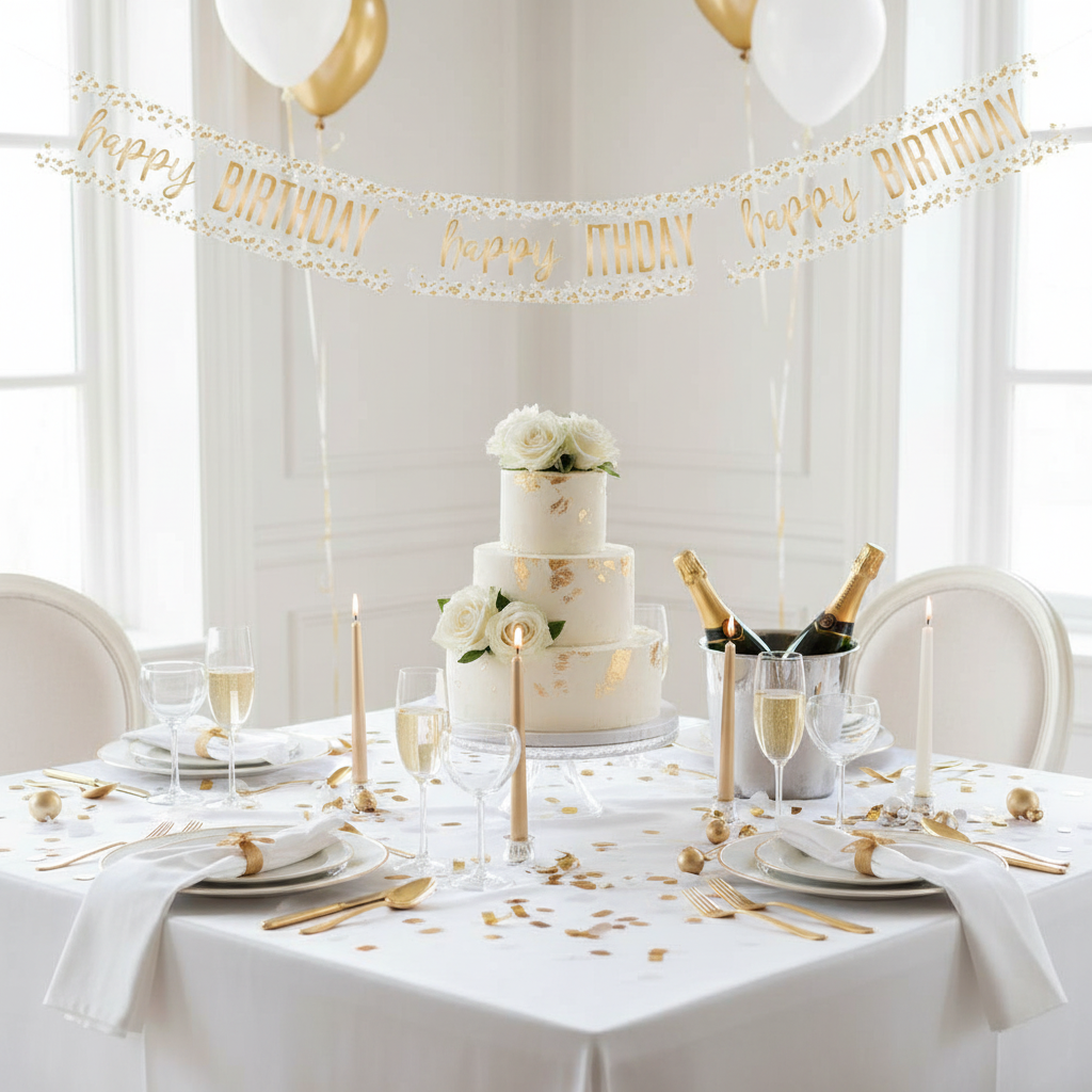 Luxurious birthday party table setting with white and gold confetti foil banner above