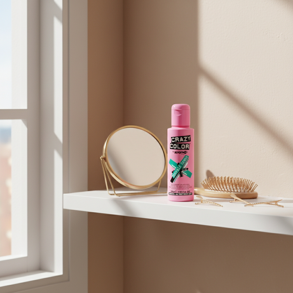 Crazy Color Emerald Green Hair Dye 100ml styled on bathroom vanity shelf with beauty accessories in natural light
