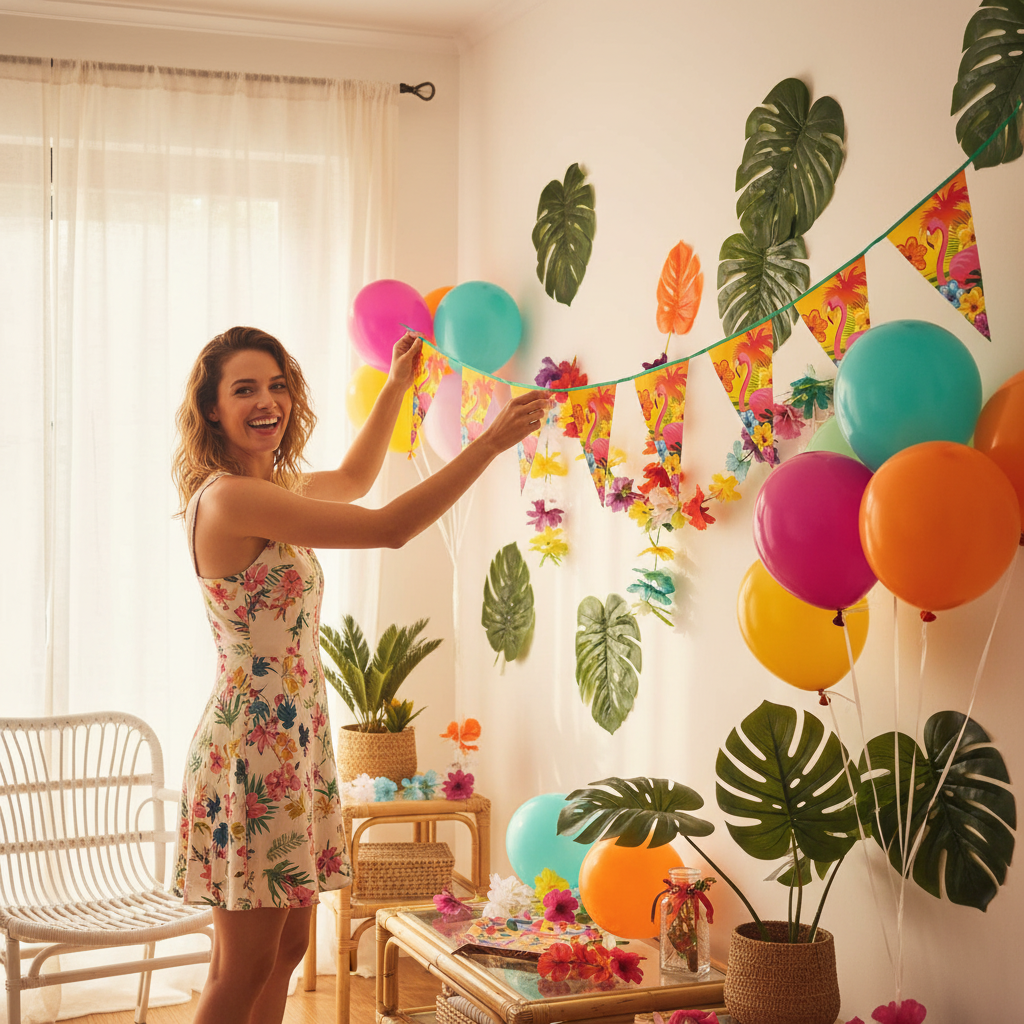 Woman hanging Flamingo Hawaiian Party Bunting 6m in a tropical themed living room with balloons and decorations