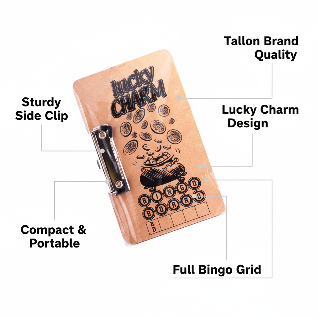 Tallon Lucky Charm Bingo Board feature infographic with callout labels on white background