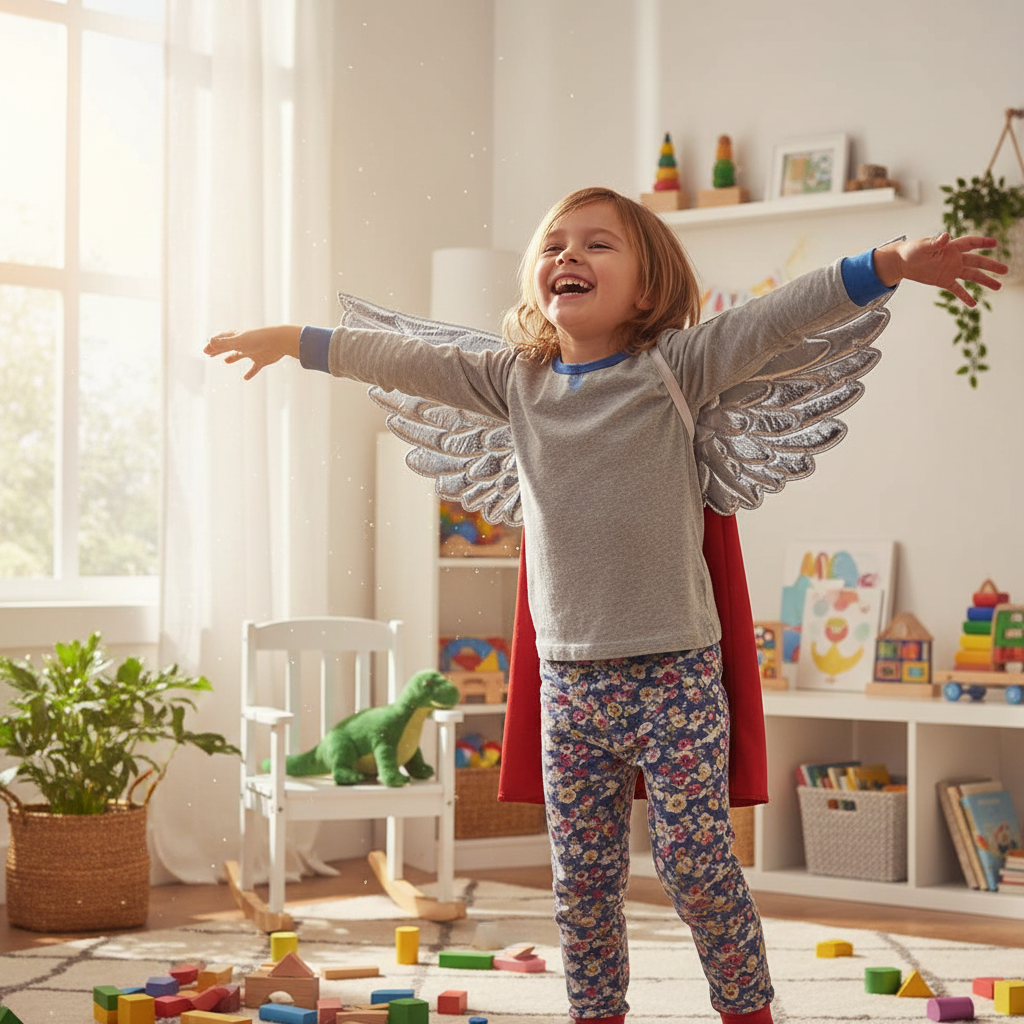 Child playing dress-up wearing silver angel wings with arms outstretched in imaginative play
