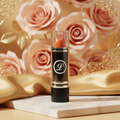 Laval Orange Lipstick Honey Bun 34 on luxury beauty counter with roses