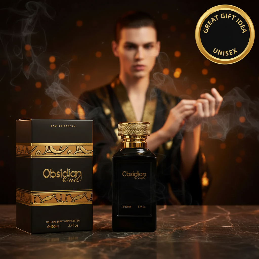 Fine Perfumery Obsidian Oud 100ml EDP spray bottle on black marble luxury surface