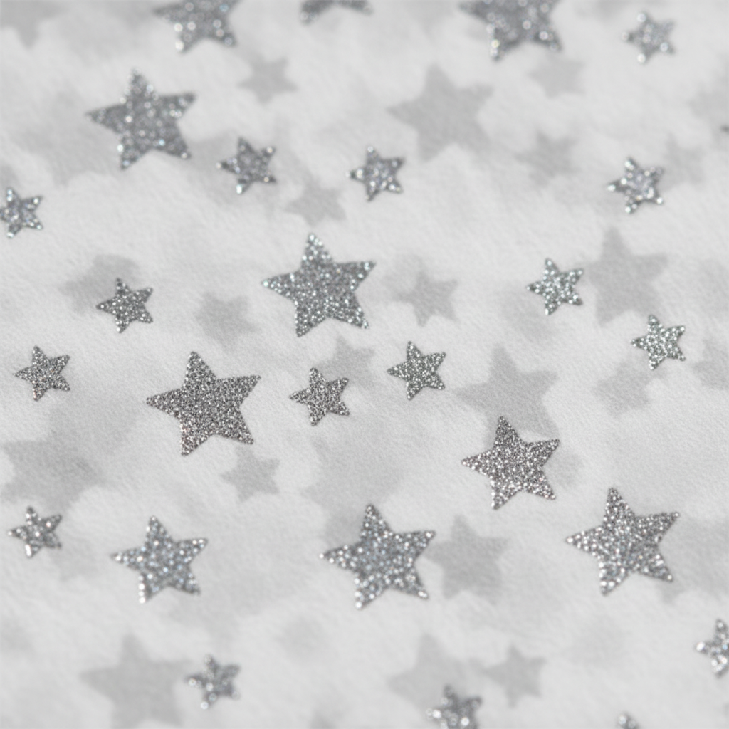 Extreme close-up of silver star print texture on white tissue paper
