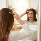 Woman clipping in a one-piece hair extension into her warm mid-brown hazel hair in a candid beauty moment