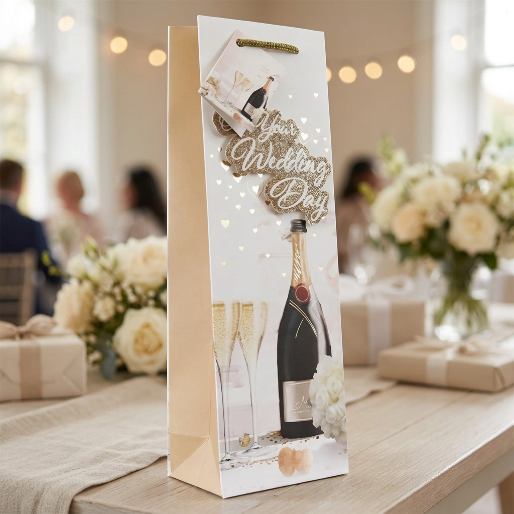 Wedding Day bottle gift bag standing on a reception gift table with flowers in the background