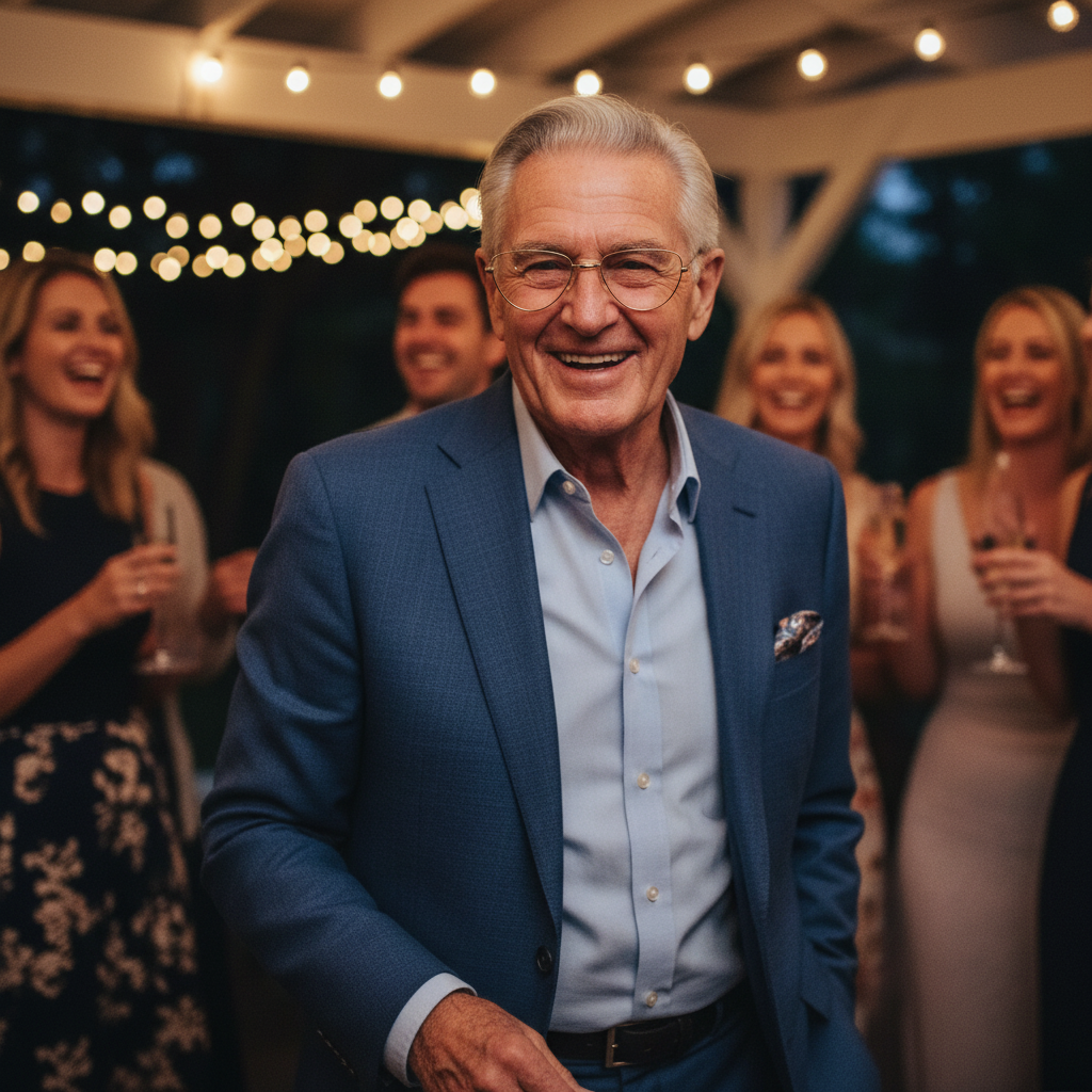 Elderly gentleman wearing gold half moon glasses at celebration party
