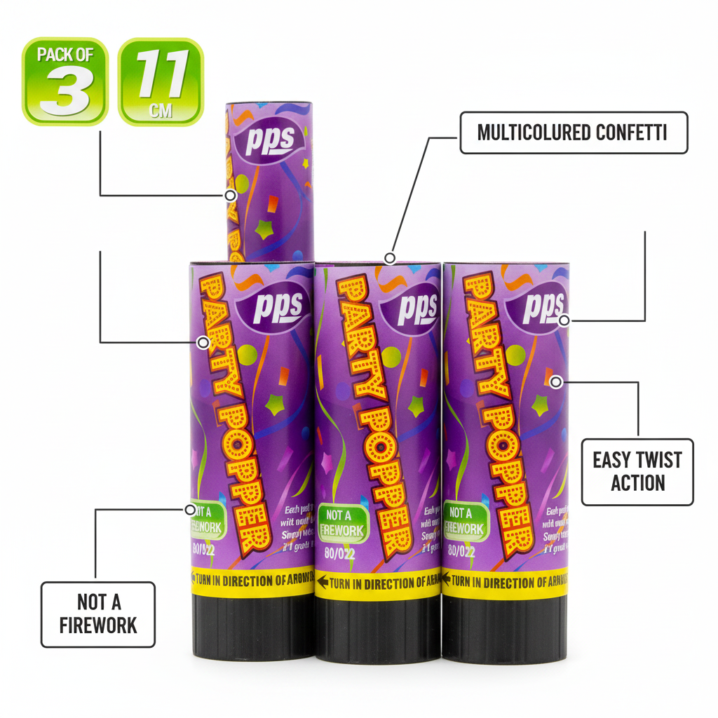 Colour Confetti Cannon Party Poppers 11cm - Infographic Feature Callouts