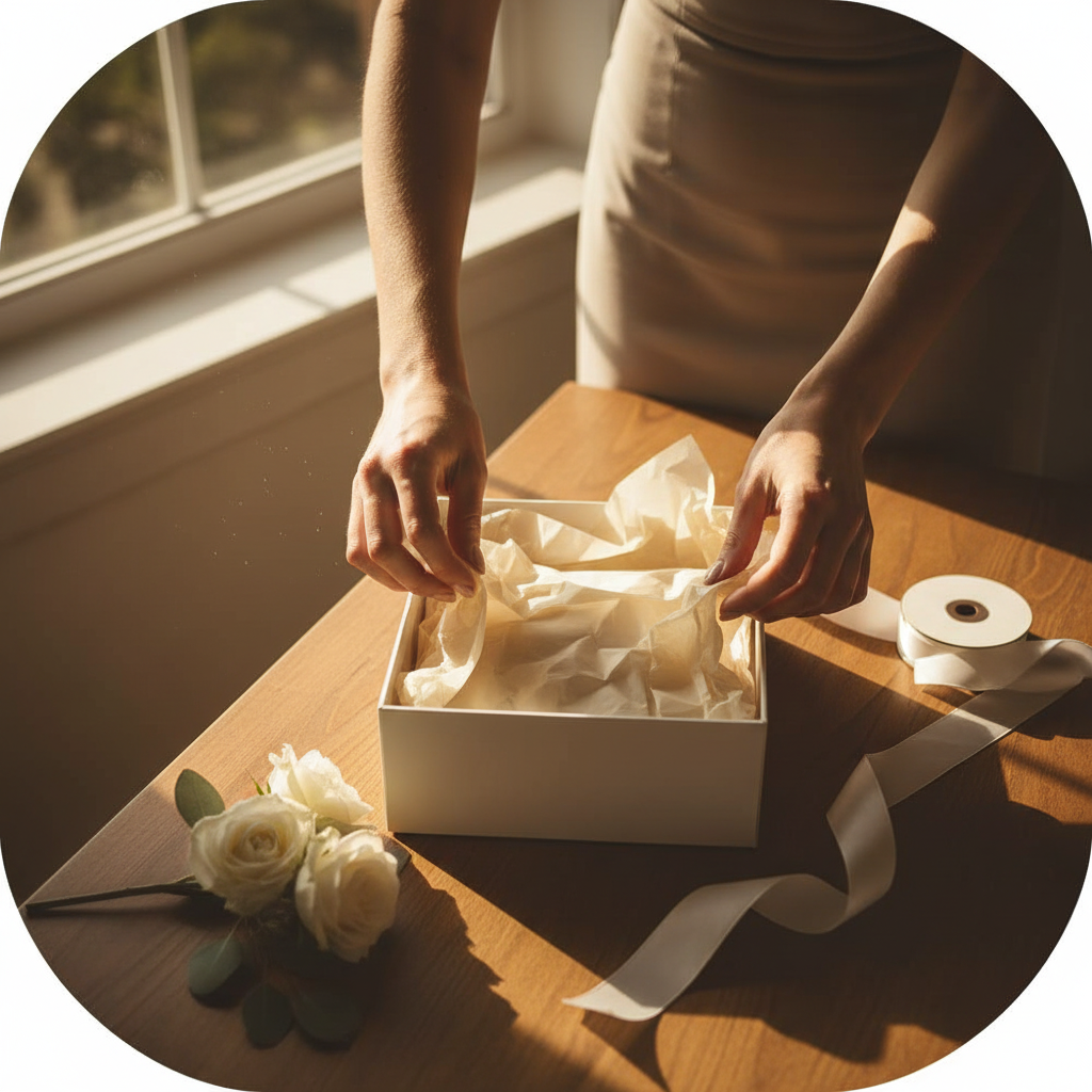 Elegant hands wrapping a luxury wedding gift with ivory cream tissue paper, golden hour light, warm cinematic lifestyle photography