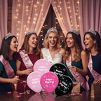 Group of women at a hen party holding pink and black latex balloons, wearing sashes and tiaras