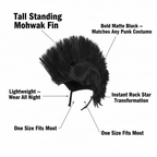 Black punk mohawk wig feature infographic with callout labels highlighting key product specs