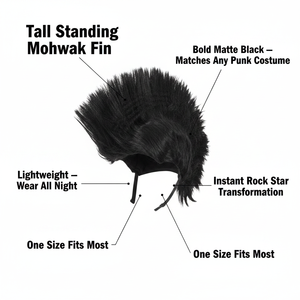 Black punk mohawk wig feature infographic with callout labels highlighting key product specs