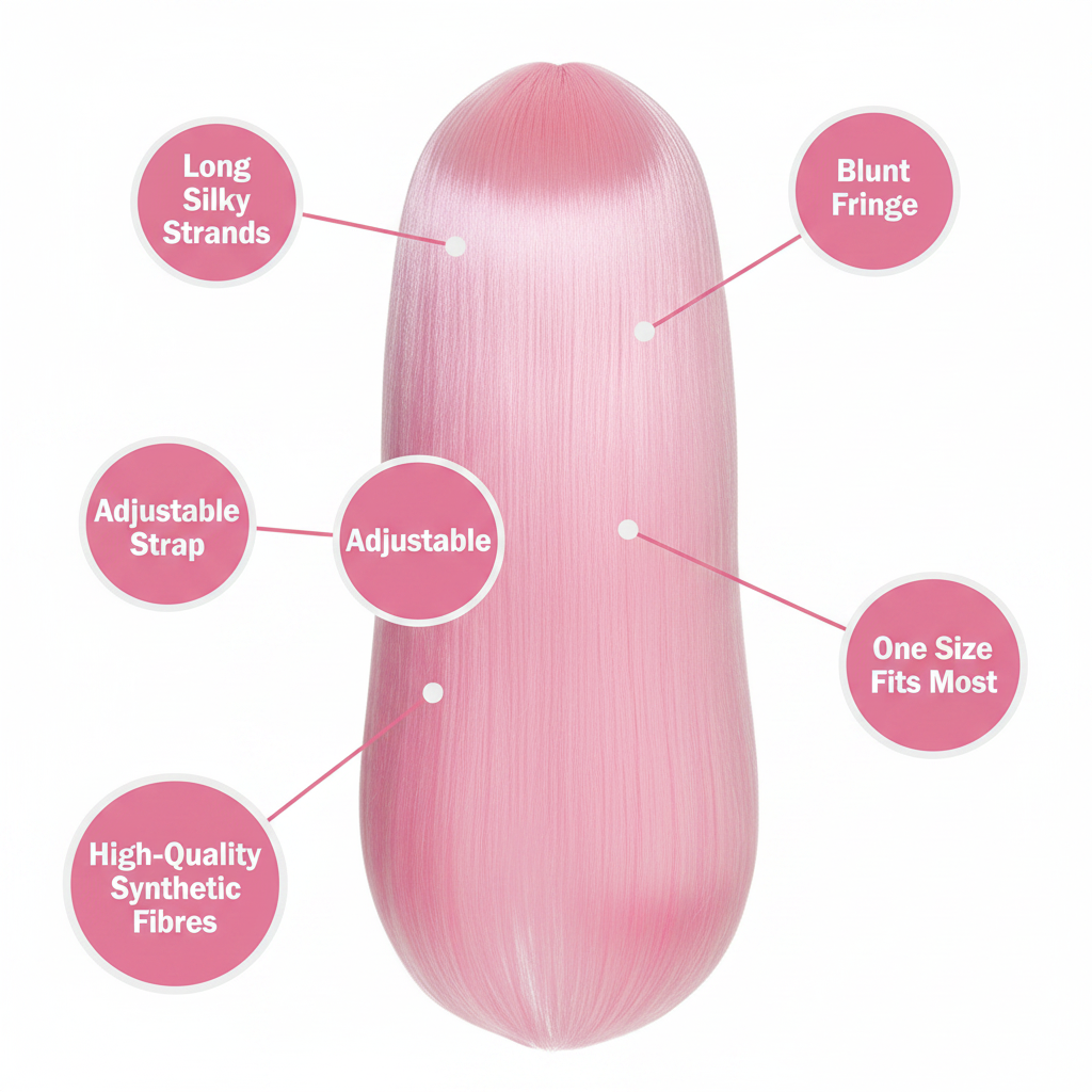 Pink fringe wig feature infographic showing long silky strands, blunt fringe, adjustable strap, synthetic fibres and one size fits most