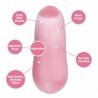 Pink fringe wig feature infographic showing long silky strands, blunt fringe, adjustable strap, synthetic fibres and one size fits most