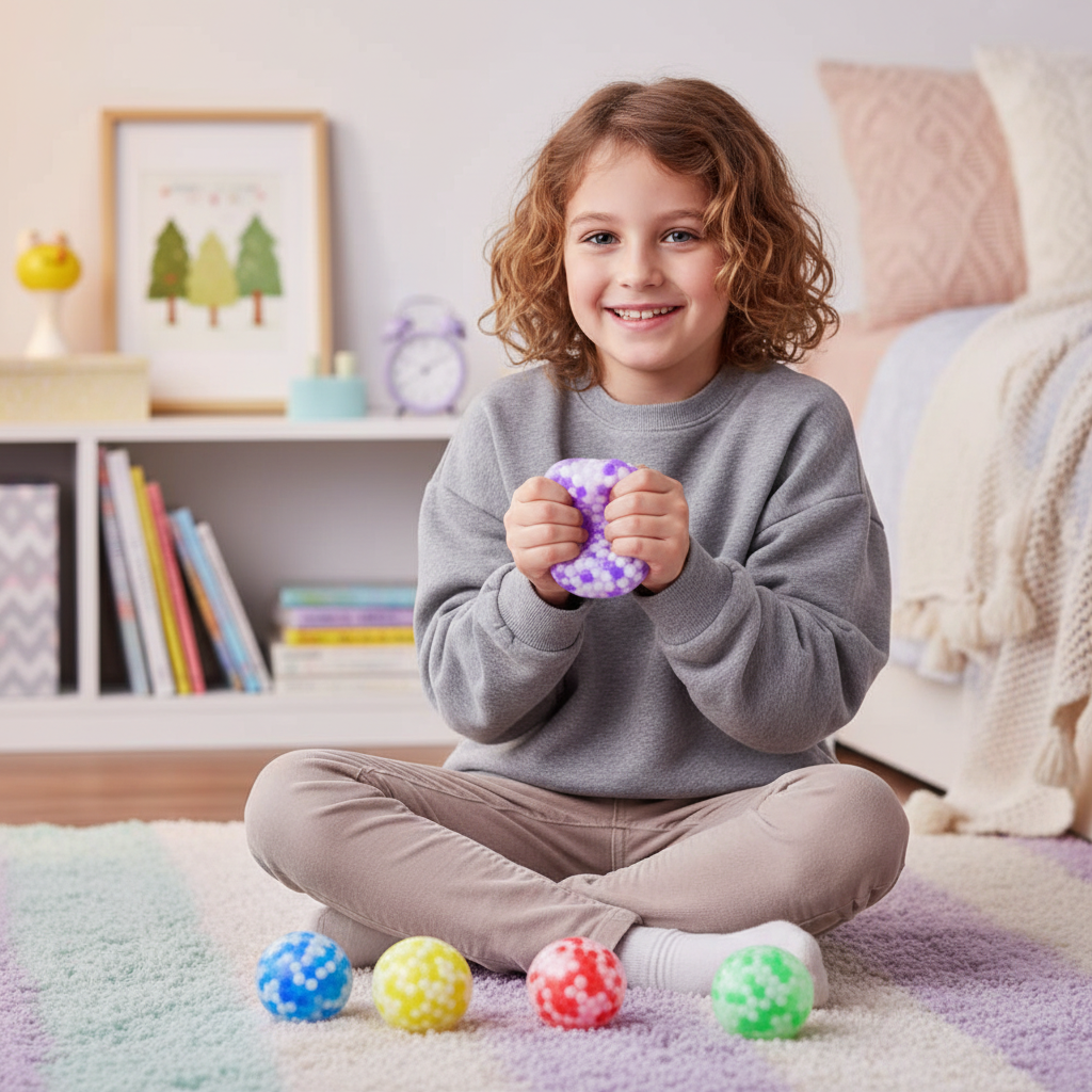 Happy child sitting on pastel bedroom rug squeezing a purple Squeezy Pearls Stress Ball with other coloured balls beside them