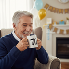 Happy 70 Year Old Celebrating Birthday with Art Deco Gift Mug - Lifestyle Image