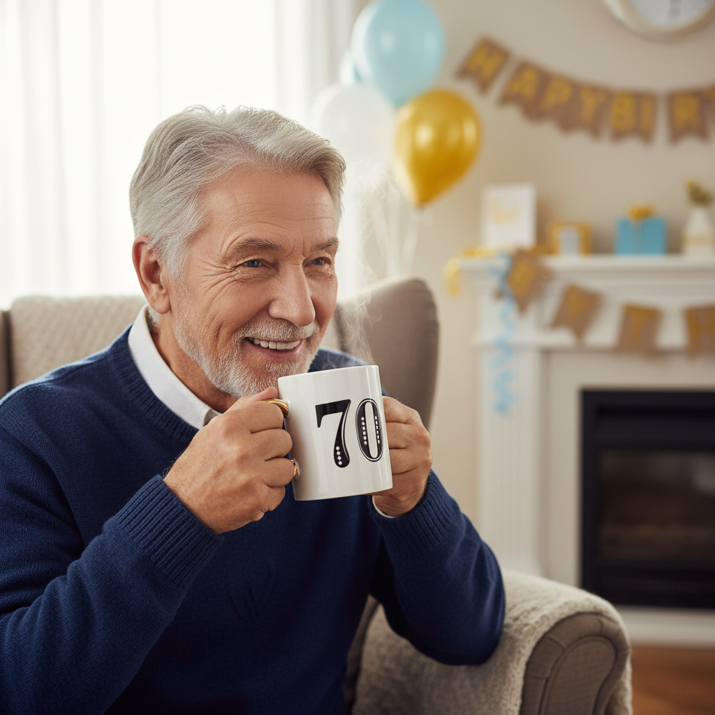 Happy 70 Year Old Celebrating Birthday with Art Deco Gift Mug - Lifestyle Image