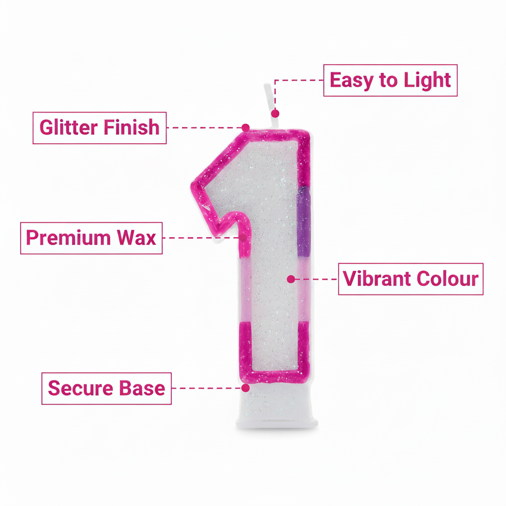 Pink glitter number 1 birthday candle feature infographic with callout labels on white background