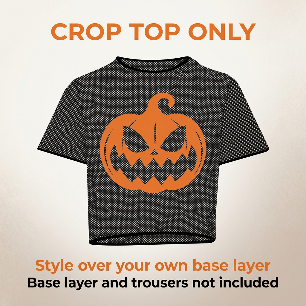 Black pumpkin mesh crop top with text explaining that only the top is included, not the base layer or trousers.