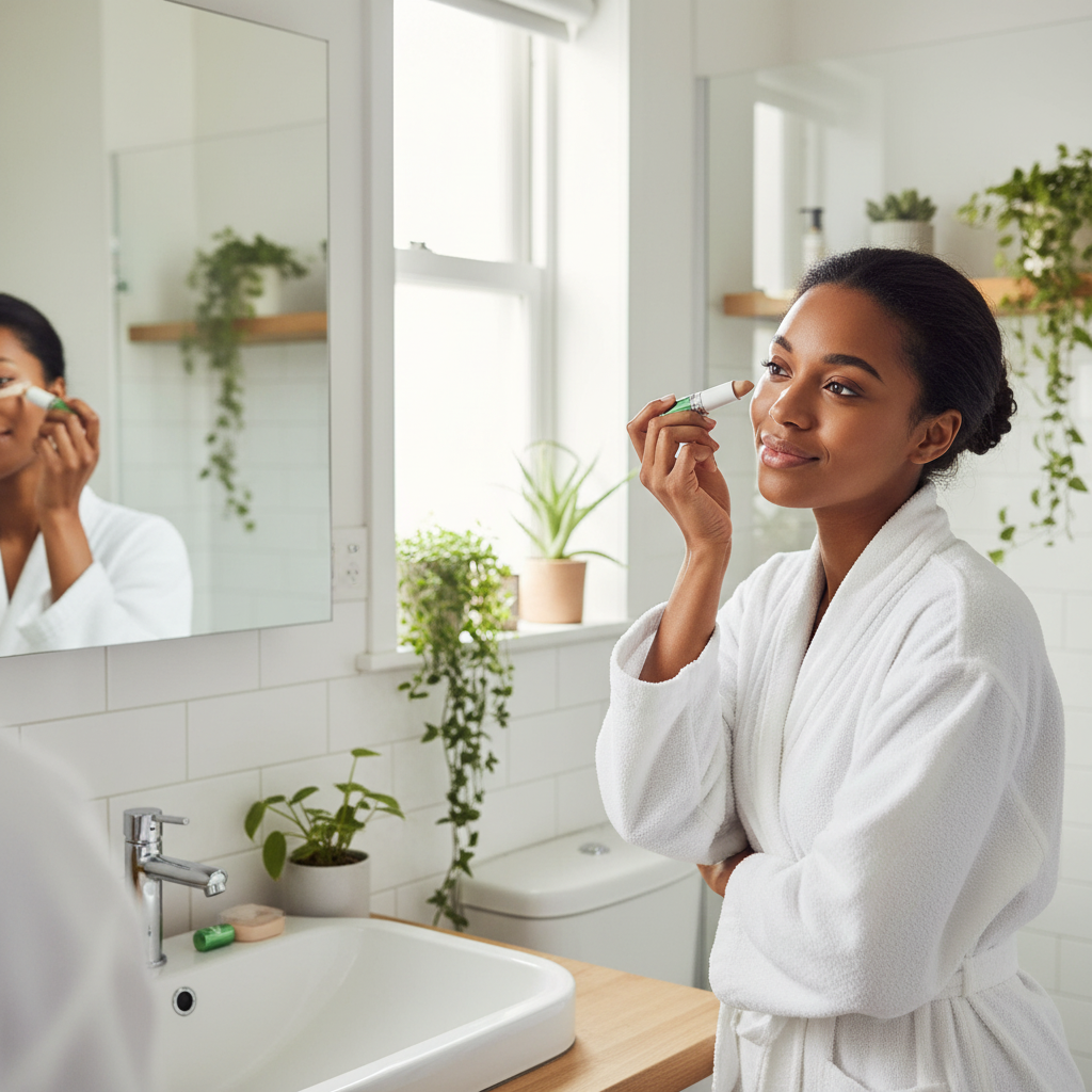 Woman with medium deep skin applying W7 Tea Tree Concealer Stick during morning beauty routine