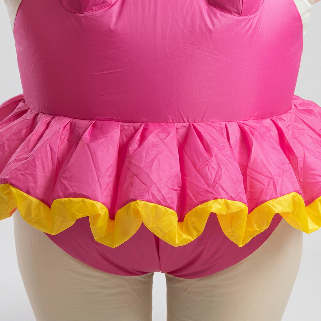 Close-up of gathered pink tutu fabric and yellow wavy trim on the inflatable ballerina costume.