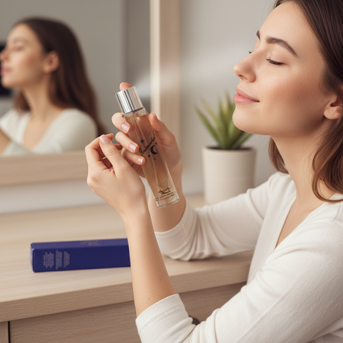 Woman applying Immortal EDP perfume — candid lifestyle moment with clear glass bottle and chrome silver cap
