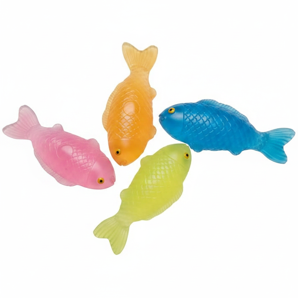 Squishy Sticky Icky Fishy assorted colours hero shot — pink, orange, yellow-green and blue translucent fish toys on white background