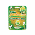 Dino Squishies Surprise Bag on pure white background — Amazon and eBay compliant hero shot showing jungle green packaging with golden amber panel