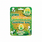 Dino Squishies Surprise Bag on pure white background — Amazon and eBay compliant hero shot showing jungle green packaging with golden amber panel