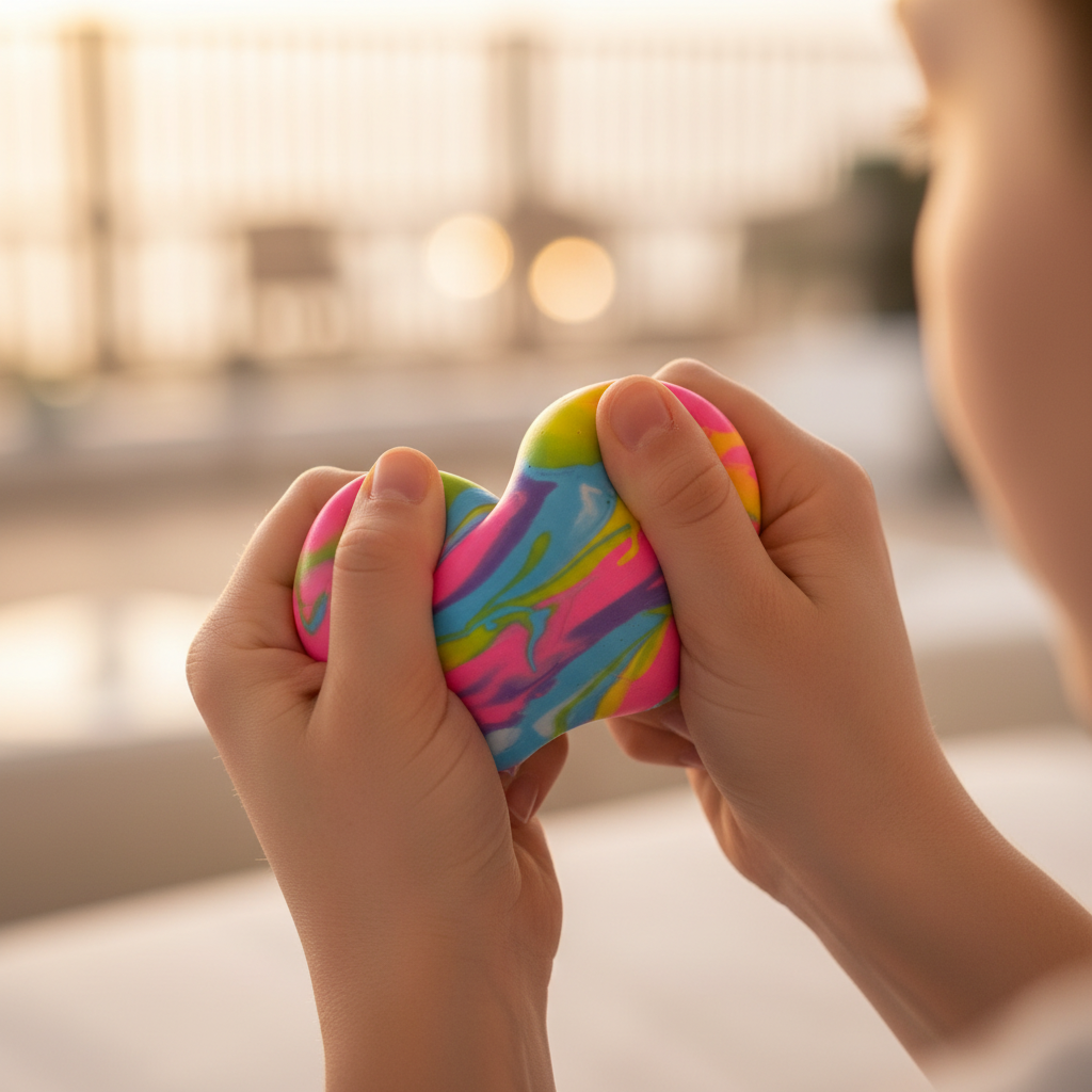 Person candidly squishing and stretching a multicolour graffiti ball, 85mm bokeh background, warm colour grade showing authentic play