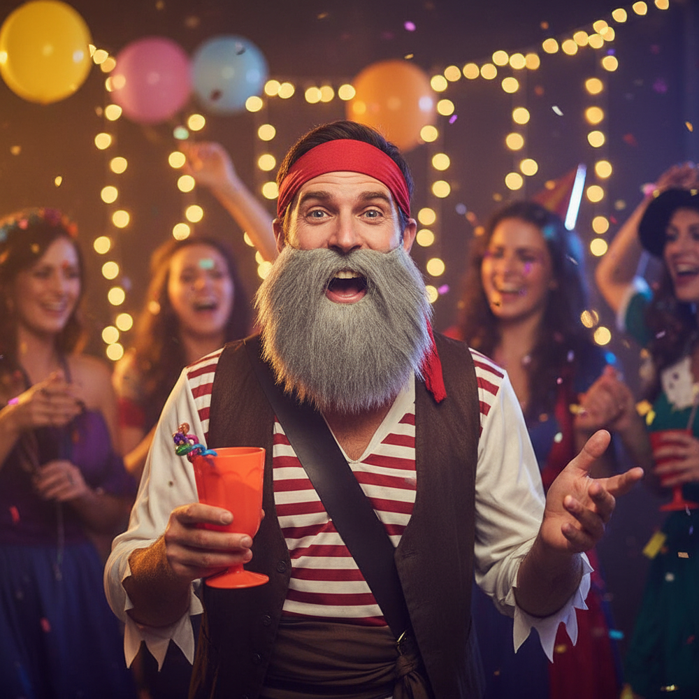 Happy man wearing grey fancy dress beard at costume party - realistic synthetic fiber beard