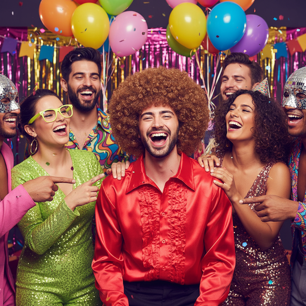 Man wearing Giant Brown Afro Wig laughing with friends at a colourful fancy dress party