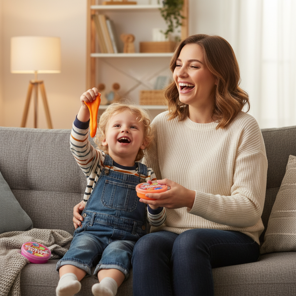 Parent and child laughing together playing with bouncing putty on sofa
