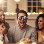 Funny adult wearing Joke Pop Out Eye Glasses making family laugh at home