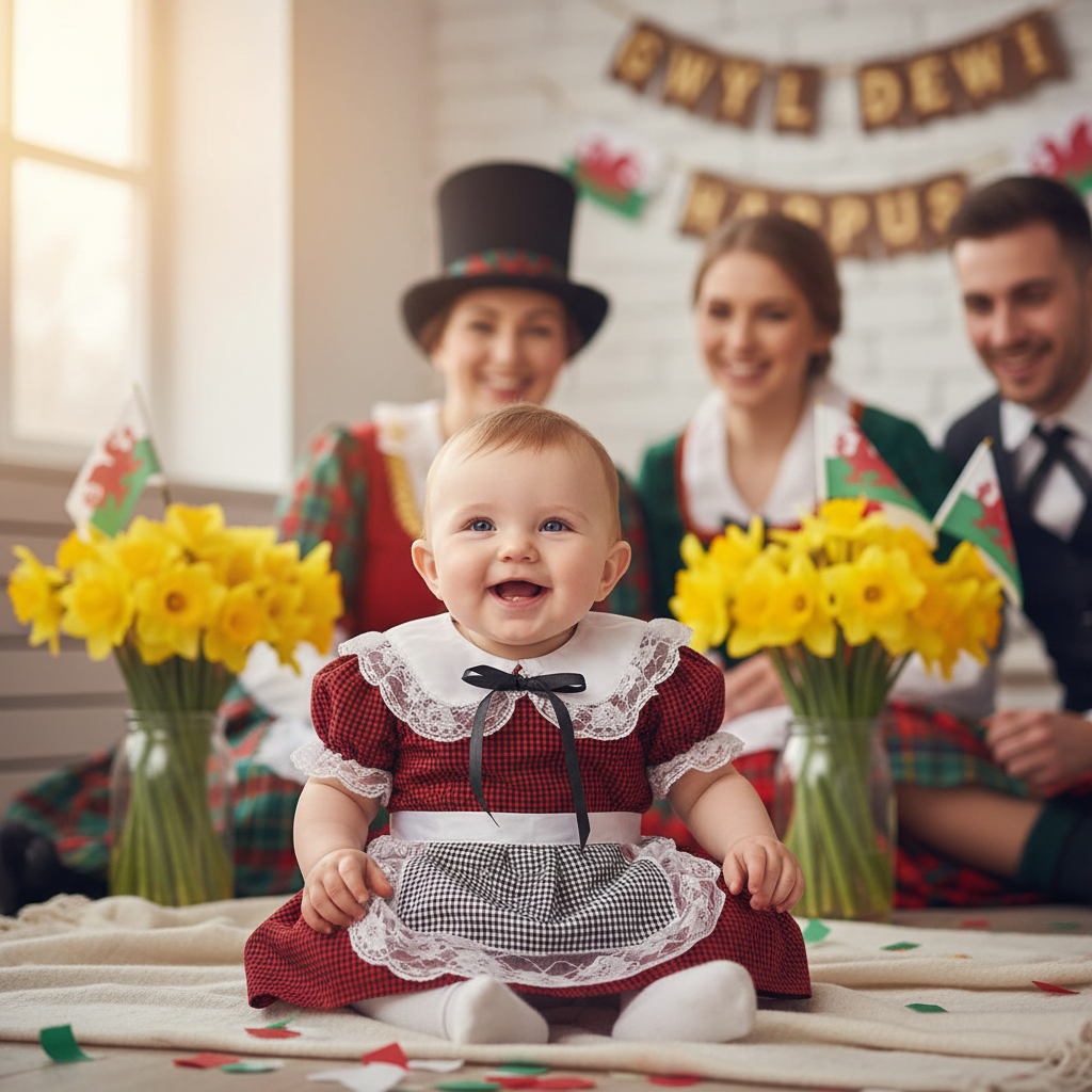 Baby aged 6-12 months in traditional Welsh costume at St David's Day celebration with daffodils and family