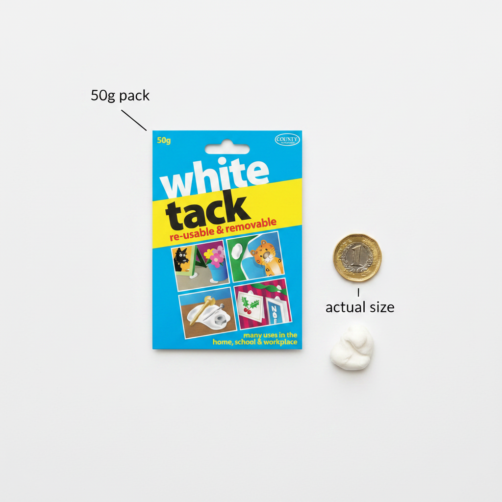White Tack 50g flat lay with pound coin for scale showing packaging and putty