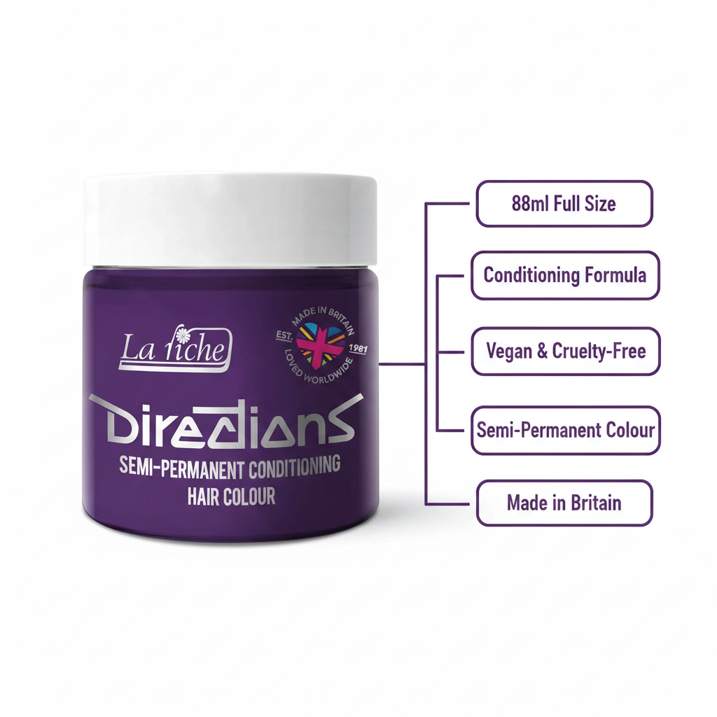 La Riche Directions Violet Hair Dye 88ml feature infographic showing conditioning formula, vegan, cruelty-free, made in Britain callouts