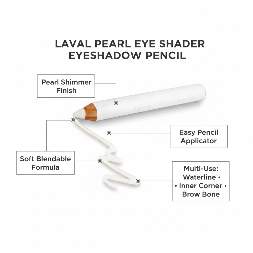 Laval Pearl Eye Shader Eyeshadow Pencil feature infographic showing pearl shimmer finish and multi-use application callouts