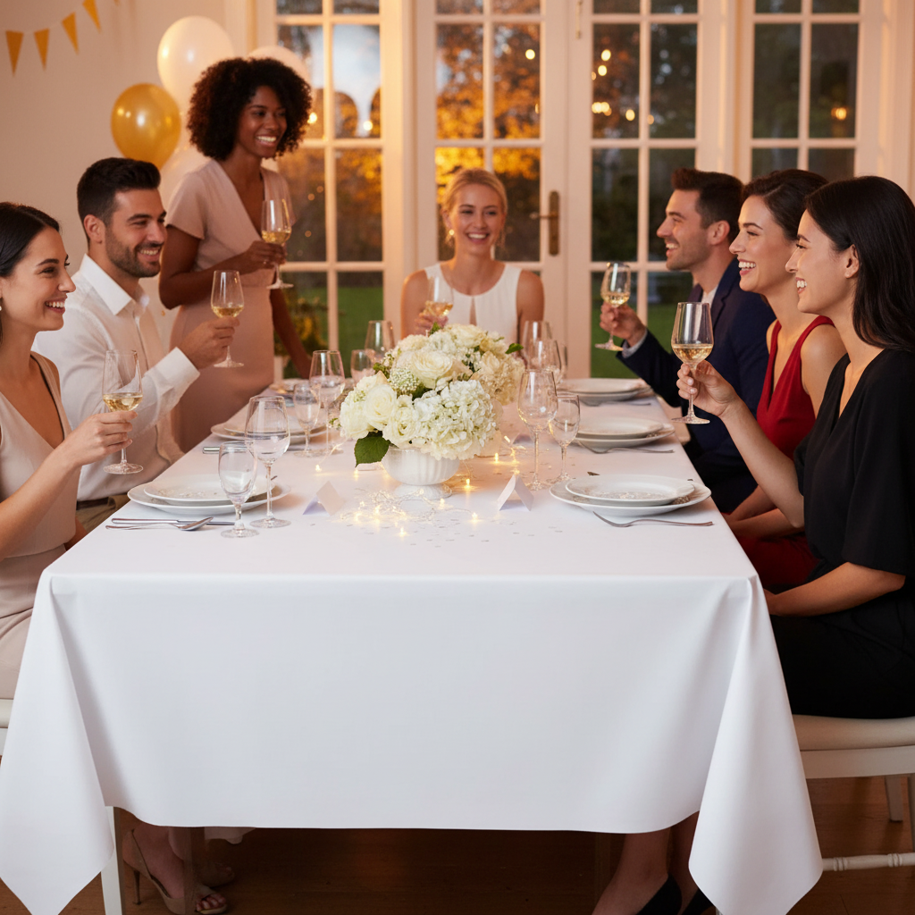 Beautifully finished party table with white plastic tablecloth, fully set with plates, glasses and decorations