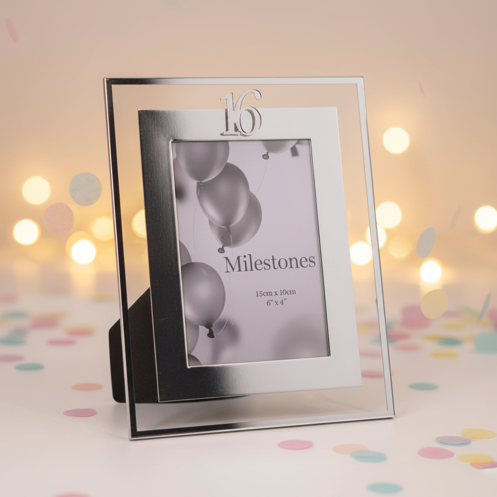 Milestones silver Age 16 gift photo frame 4x6 with sweet 16 birthday celebration background