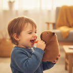 Child authentically playing with Cuddly Capybara plush toy, candid 85mm bokeh portrait