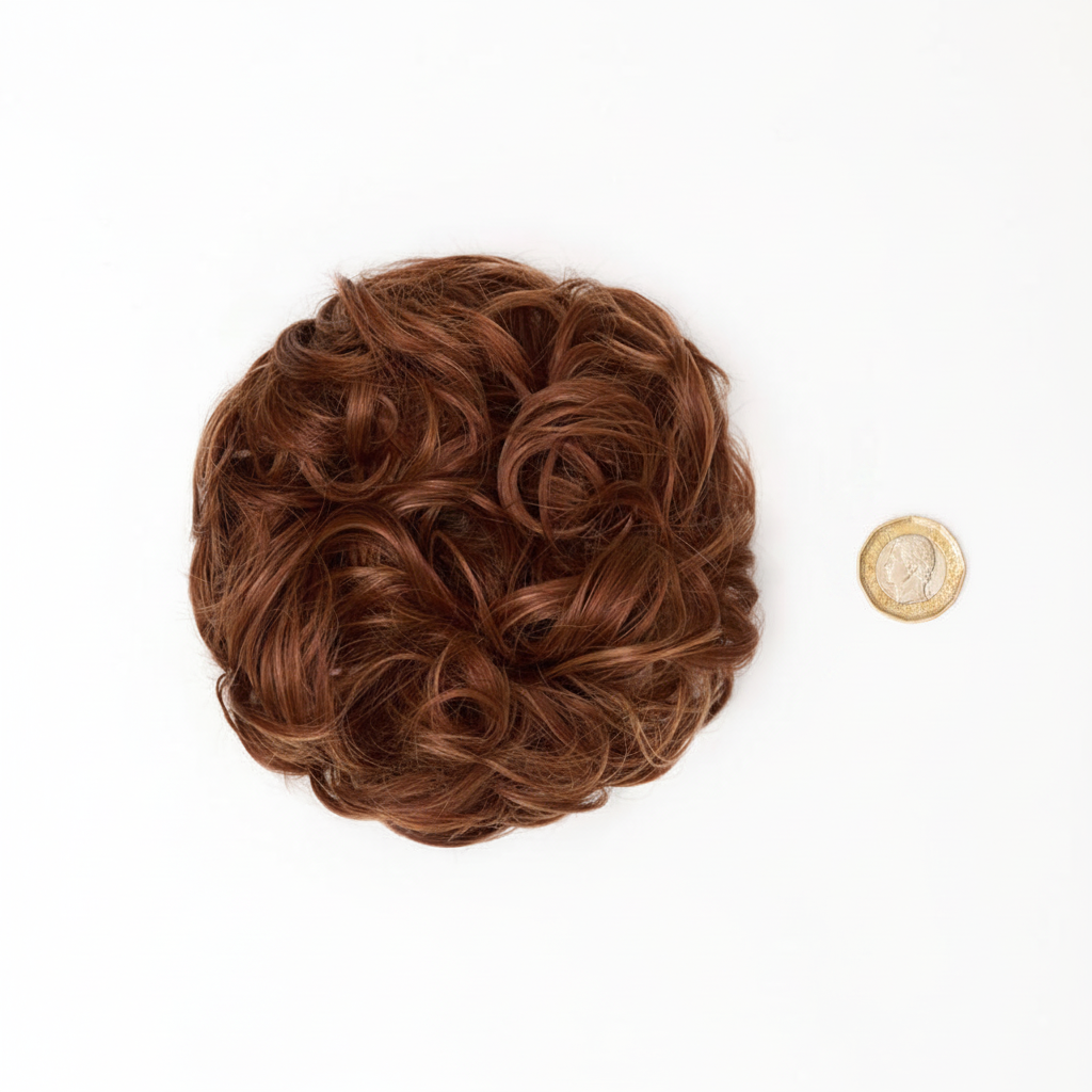 Flat lay of warm auburn copper curly messy hair bun 33/30 Sunrose beside a £1 coin showing product size, clean white background with soft overhead lighting