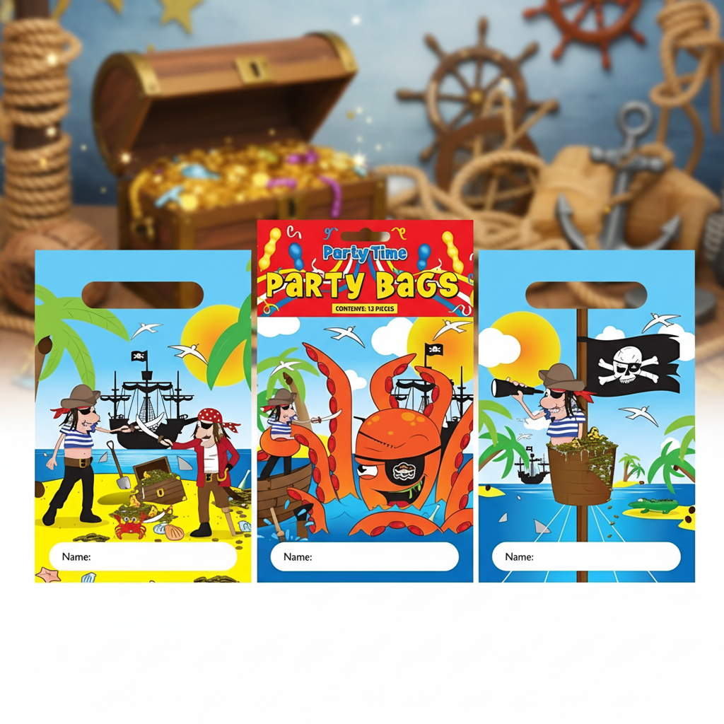 12 Kids Pirate Themed Party Bags 15x22cm with colorful pirate designs featuring skulls and treasure maps