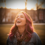 Young woman laughing with hot pink Stargazer hair extension streak in golden hour light