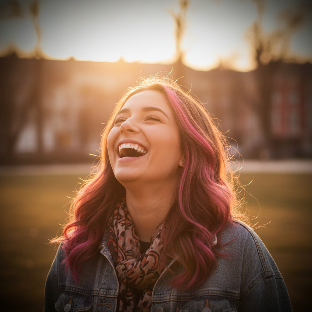 Young woman laughing with hot pink Stargazer hair extension streak in golden hour light