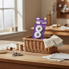 Hemming Web Tape Twin Pack in a sewing basket with scissors and thread spools in natural window light