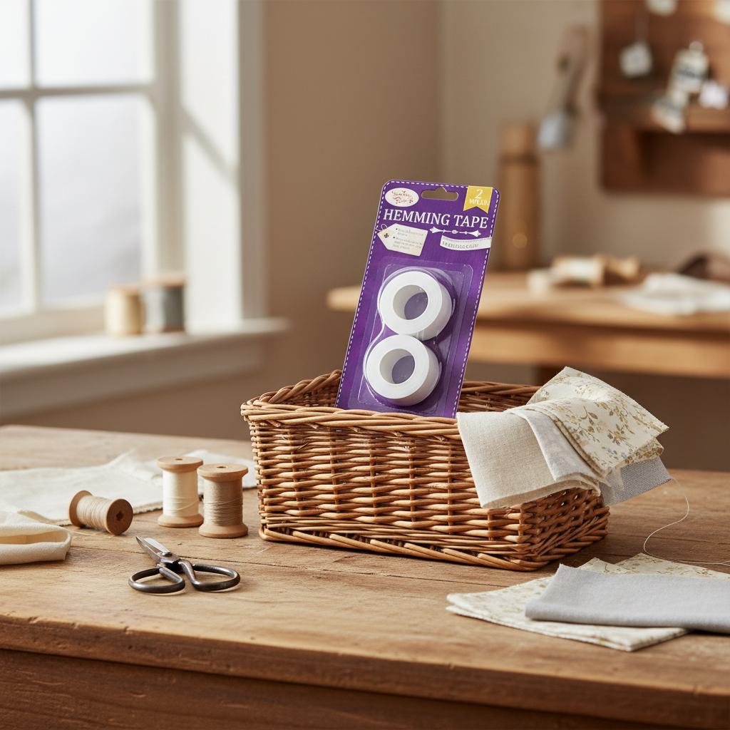 Hemming Web Tape Twin Pack in a sewing basket with scissors and thread spools in natural window light