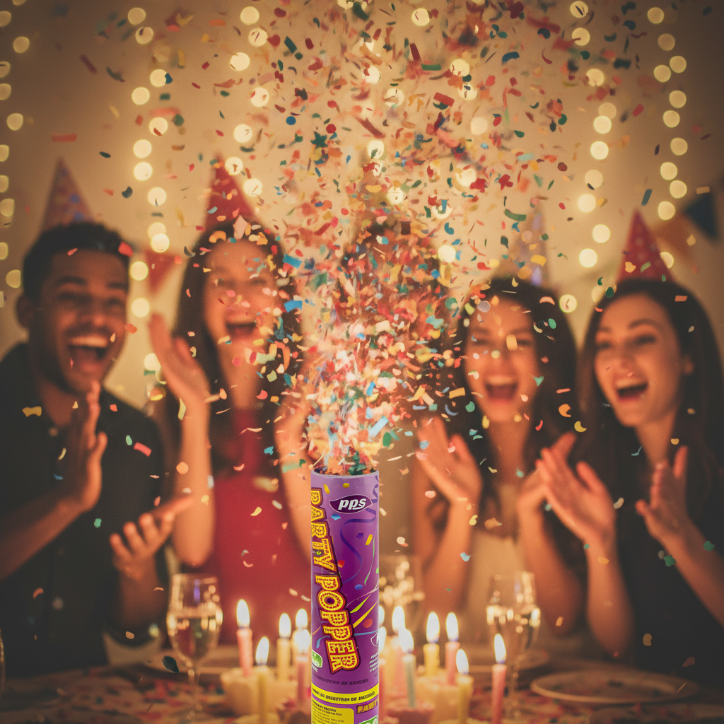 Multicolour confetti explosion at a birthday party celebration
