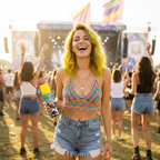 Woman with vibrant yellow temporary hair colour at summer music festival using Party Success spray