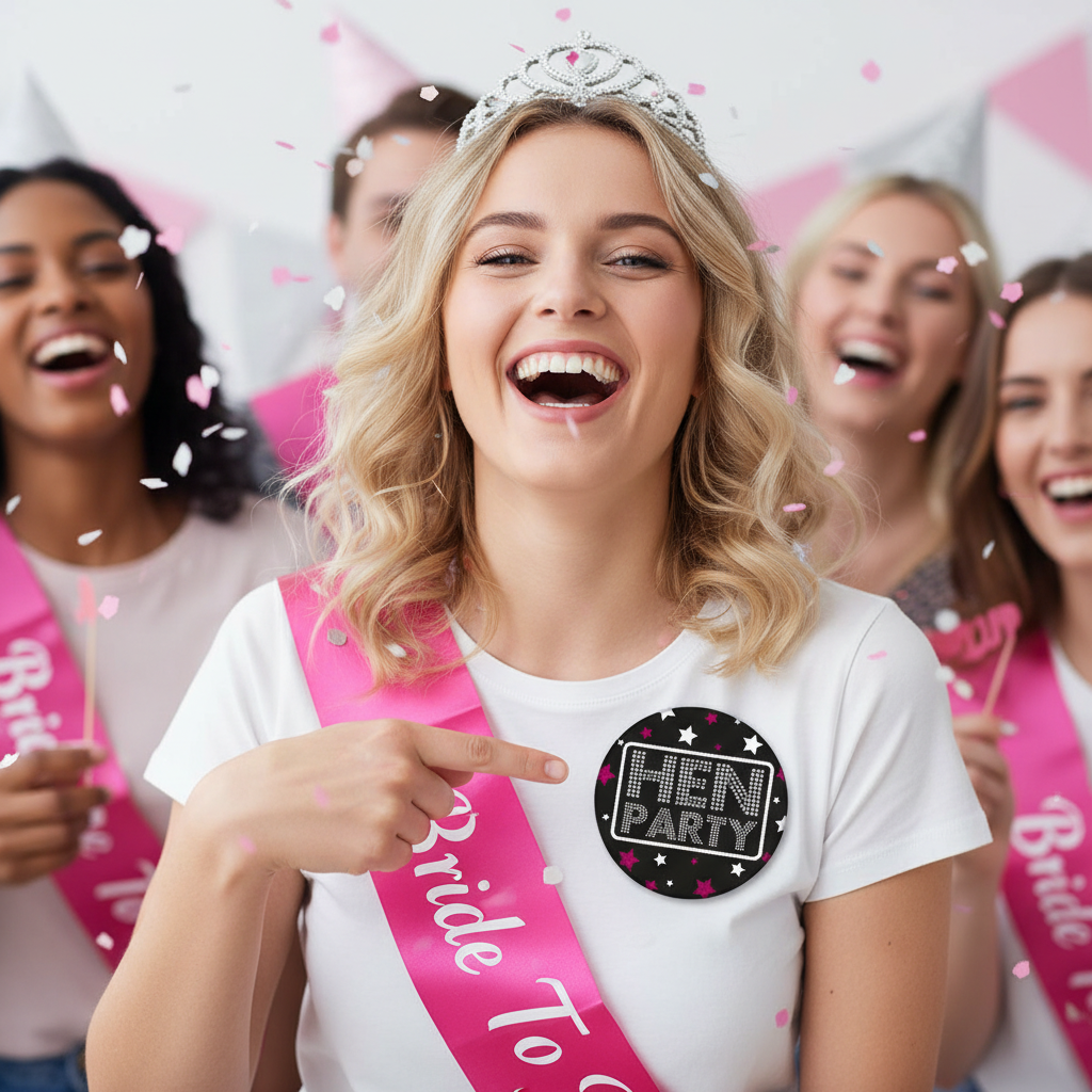 Close up of bride to be laughing and pointing to her Bride To Be hen party badge with confetti